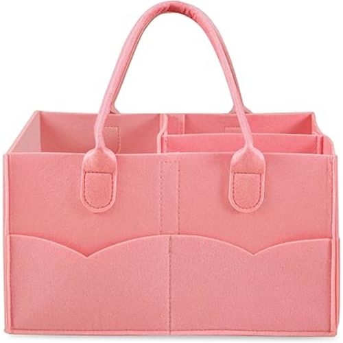 PandaEar Baby Diaper Caddy Organizer, Portable Diaper Holder Organizer Nursery Storage Basket for Wipes & baby stuff, Collapsible Baby Organizer with Divided Design (Light Pink)