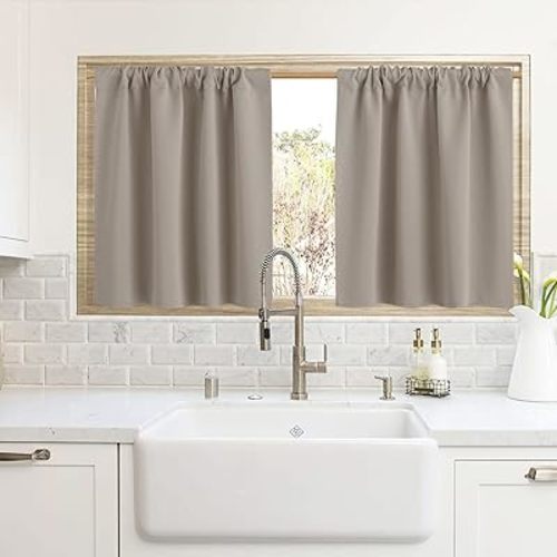RYB HOME Blackout Curtains for Kitchen, Over Sink Privacy Curtains Window Decor, Thermal Insulating Drapes for Bathroom Cafe Bedroom Small Window, W 42 x L 24 inch, Sand, 2 Panels