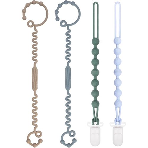 Babygoal Silicone Pacifier Clips,4 Pack Pacifier Holder Clips with Toy Straps for Boys and Girls Fits for Most Pacifier Styles Binky & Teething Toys and Baby Gift 4GJS11-CA