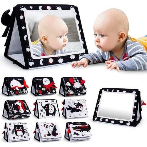 Tummy Time Mirror, Baby Tummy Time Toys with Soft Book, Black and White High Contrast Baby Toys, 3D Activity Sensory Montessori Toys Crawling Mat