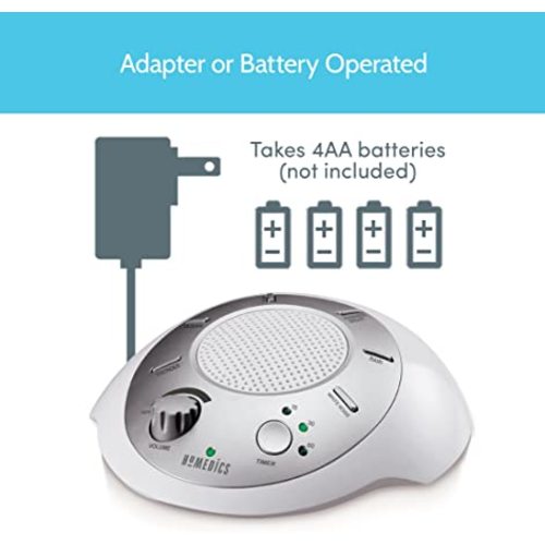 White Noise Sound Machine | Portable Sleep Therapy for Home , Office , Baby & Travel | 6 Relaxing & Soothing Nature Sounds , Battery or Adapter Charging Options , Auto-Off Timer | HoMedics Sound Spa - Silver