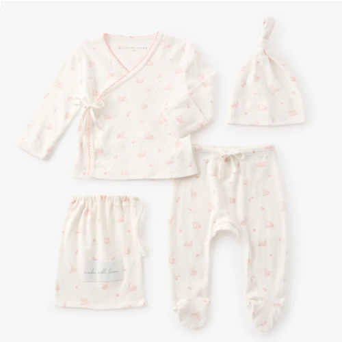 Pink Swan Print Organic Cotton Pointelle Layette 3 Pc Gift Set – Elegant Baby