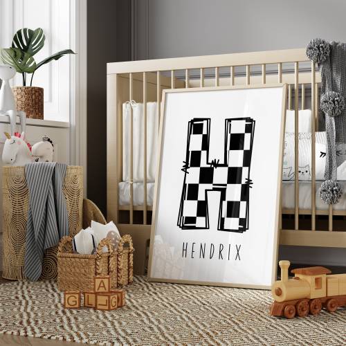 Personalized name print for race car nursery, race car party decorations, rad little dude retro nursery decor, checkered race flag print