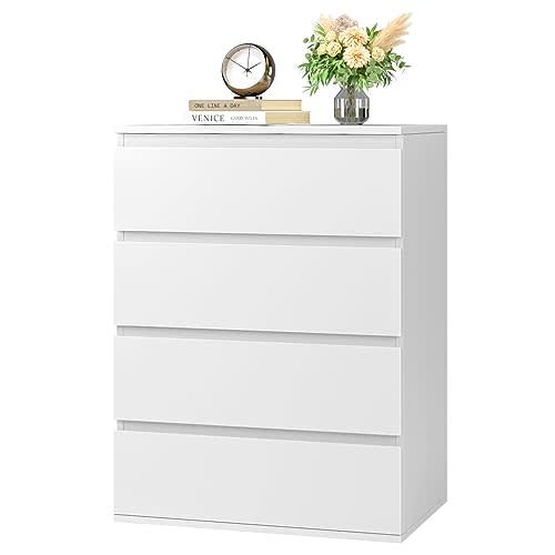 FOTOSOK 4 Drawer Dresser, White Dresser Modern Storage Chest of Drawers 23.6L x 15.7W x 31.5H in, White Dresser Storage Cabinet with 4 Drawers for Home Office, White