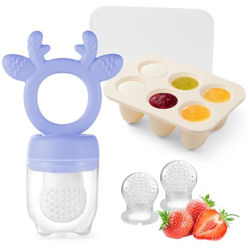 Powerwan Baby Fruit Food Feeder Teether with Popsicle Molds, Cute Teething Toys Silicone Teethers for Babies 3-12 Months for Baby Feeding Gift