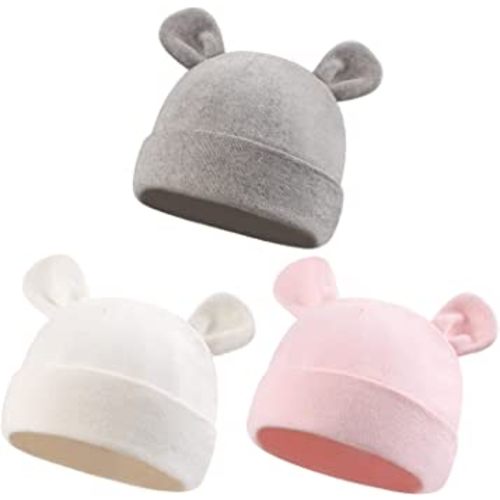 Duoyeree Baby Hat Newborn Hat Adorable Cotton Bear Ear Beanie Cap for Infant Girl Boy 0-6 Months (Pink White Grey)