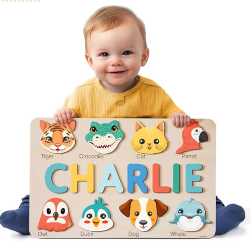 Personalized Animal Name Puzzle for Baby Boys & Girls, Handmade Wooden Toy, Custom Baby Gift, First Christmas or Birthday Present, 1 Year Old Gifts