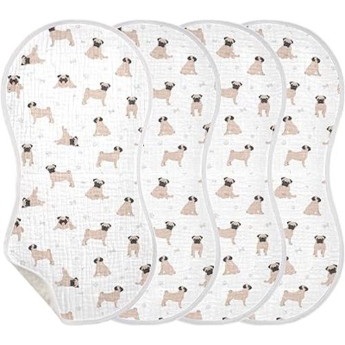 Muslin Baby Burp Cloths, Cute Pug Puppy Dogs Muslin Baby Rags Comfy Soft Absorbent in for Newborn Boys and Girls 4 Piece 22 x 11 Inch