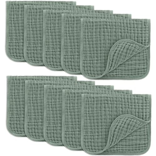 Comfy Cubs Muslin Burp Cloths 20" x 10", Pack of 10 - Large, 6-Layer, Ultra Absorbent 100% Cotton for Baby Drool and Messes - Soft, Safe & Gentle Baby Burp Cloths for Boys & Girls - Fern