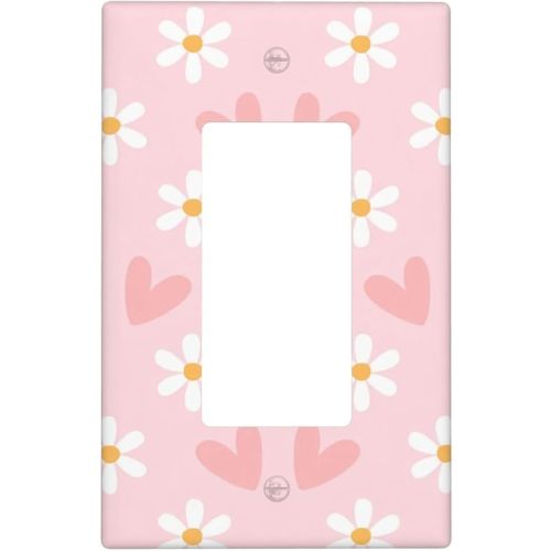 Pink Floral Daisy Heart Single Rocker Light Switch Cover Decorative Standard Size 4.5 x 2.76 Electrical 1 Gang Wall Plate Faceplate Receptacle Outlet Accessories for Bedroom Bathroom Kitchen