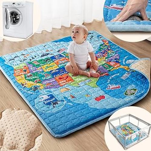 Baby Play Mat, 50x50 Playpen Mat with Super Soft Touch, Thick Activity Mat with Upgraded Anti-Slip Bottom, Machine Washable Crawling Mat for Floor & Picnic (Map)