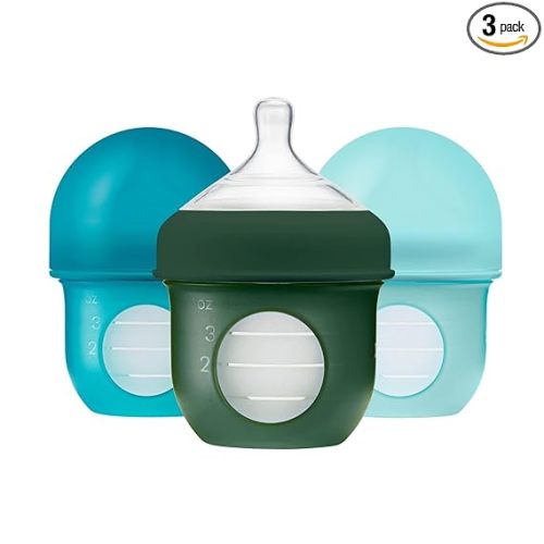 Boon Nursh Reusable Silicone Pouch Baby Bottles - Slow Flow Nipple - Silicone Baby Bottle Pouch and Nipple - Baby Feeding Essentials - Blue - 0-3 Months - 3 Count - 4 Ounce