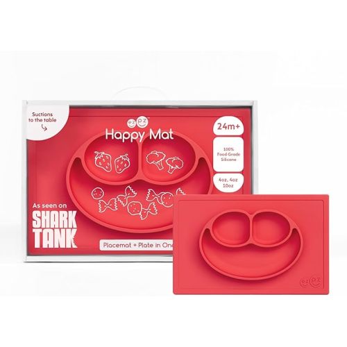 ezpz Happy Mat - 24 Months+ (Coral) - 100% Silicone Suction Plate with Built-in Placemat for Toddlers + Preschoolers - Divided Toddler Plates - Toddler Essentials…
