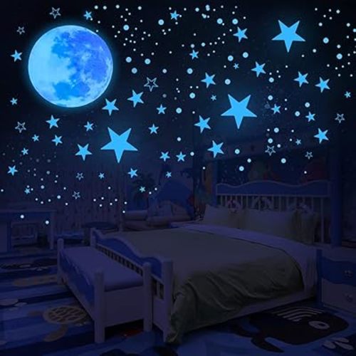 Glow in The Dark Stars for Ceiling Stickers,Moon and Stars Nursery Decor,Wall Decals,Best Gift for Kids,Bedroom Living Room Baby Room Decorations,Blue Moon
