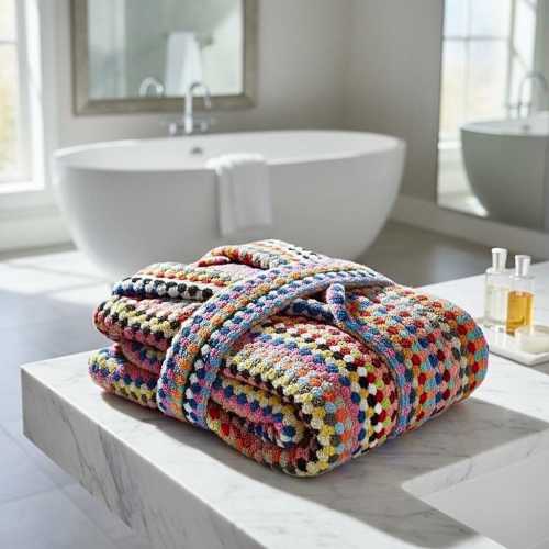 Handwoven Hooded Cotton Turkish Bathrobe: Colorful Chickpea Pattern