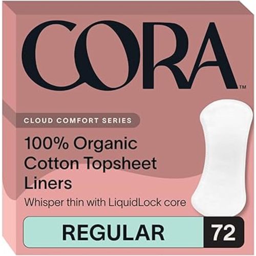 Cora Period Regular Liners, 100% Organic Cotton Topsheet, Unscented, No Wings (72 Liners)