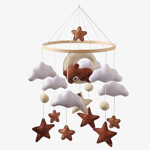 Moyii Baby Crib Mobile for Nursery - Handmade Felt Sleepy Bear on Moon Hanging Mobile - Gender Neutral Ceiling Decor for Boys Girls - Nordic Star Cloud - Newborn Baby Shower Gift