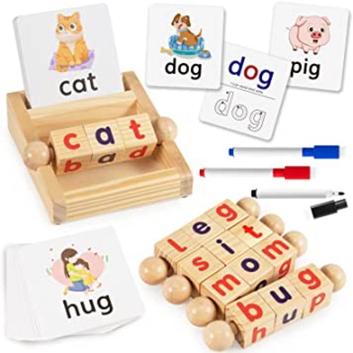 Montessori Toys for Toddlers 3 4 5 Years Old Wooden Reading Writing Blocks Flash Cards Rotating Matching Letters Toy Short Vowel Rods Spelling Games for Kids Alphabet Learning for Preschool Boys Girls