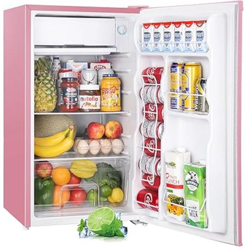 Upstreman 3.2 Cu.Ft Mini Fridge with Freezer, Single Door Mini Fridge, Dorm Fridge, Adjustable Thermostat, Mini Refrigerator for Bedroom, Office, Dorm, Pink-BR321