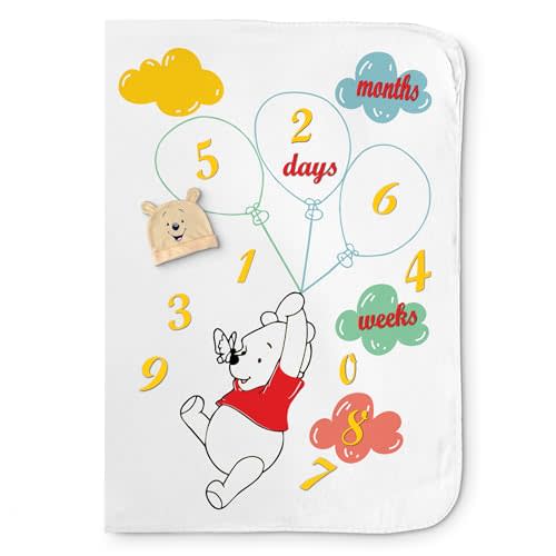 babyly Baby Milestone Blanket with Growth Chart, Hat, and Frames - Perfect for Capturing Memories with Disney's Theme - Unisex 40"x60" Blanket for Baby Girl and Boy (Winny The Pooh)