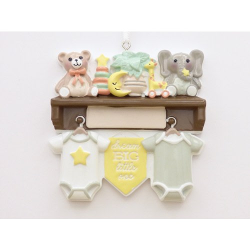 Baby Nursery Personalized Ornament • Dream Big Little One • Gender Neutral Nursery Room with Teddy Bear, Elephant, Baby Toys, Onesies