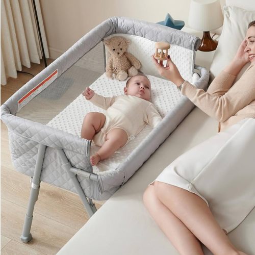 AirClub Bassinet Bedside Sleeper, Baby Crib for Newborn, Baby Bassinets Bedside Sleeper with 4 Auto-Lock & Adjustable Height, Breathable Mesh & Mattress, Bedside Bassinet