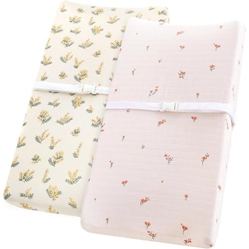 LifeTree Diaper Changing Pad Cover Unisex - Soft Muslin Fitted Changing Table Sheets for Boys Girls - 16"x32" Organic Cotton - Acacia and Flower
