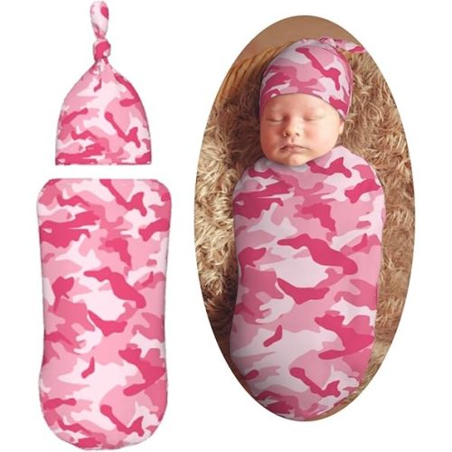 Abstract Camouflage Pink Camo Newborn Swaddle Blankets Hat Sets Soft Baby Receiving Blanket Swaddle Sack for Baby Shower Infant Boy Girl Gift