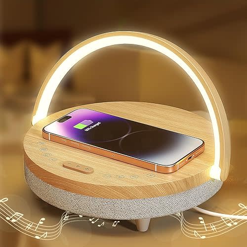 Bedside Table LED Night Light with Wireless Charger and Bluetooth Speaker, Desk Lamp As Sleep Aid White Noise Machine and Phone Holder, Great Birthday Gifts for Girlfriend, Women(Music Upgrade)