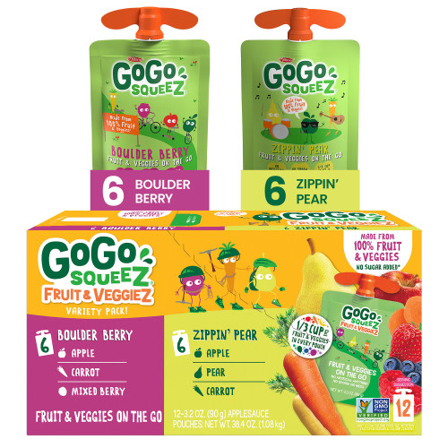 GoGo squeeZ Fruit & veggieZ Applesauce and Puree Variety Pack, Boulder Berry and Zippin' Pear Snack Pouches Variety Pack, 3.2 oz, 12 pack