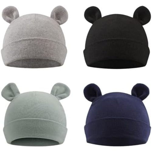 PEECABE Cotton Newborn Hospital Baby Hats 0-6 Months Infant Boy Girl Beanie Bear Ear Hat Set