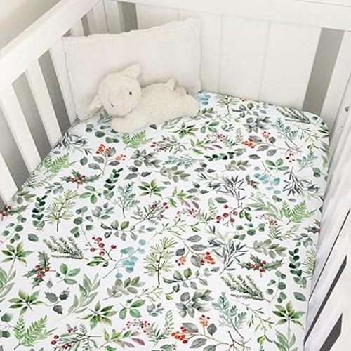 Watercolor Christmas Berries Leaves Baby Crib Sheets 52''x28'' Winter Greenery Leaves Branch Stretchy Fitted Crib Mattress Cover for Boy Girl Soft Baby Bed Sheet for Standard Crib Toddler Mattress