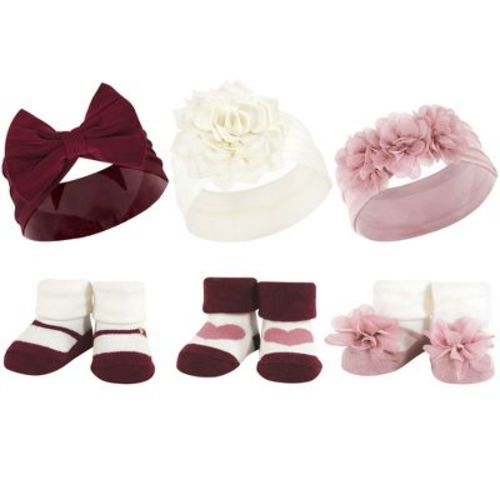 Hudson Baby Infant Girl Headband And Socks Giftset, Burgundy Blush, One Size