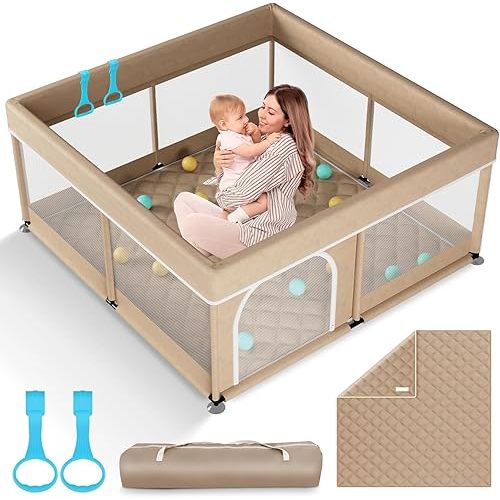 Omzer Baby Playpen with Mat 50x50inch: Large Playpen for Babies and Toddlers Indoor Safety Play Pen with Soft Breathable Mesh - All-Wrapped Sponge Sturdy Play Yard with Stable Mat Magic Sticker Beige