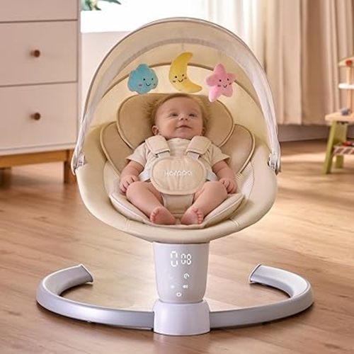 HARPPA Weddell Electric Baby Swing for Infants, 5-Point Harness, 5 Motion Levels, Remote & Touch Control, Built-in Melodies, Portable Baby Swing for Indoor Use, Light Khaki