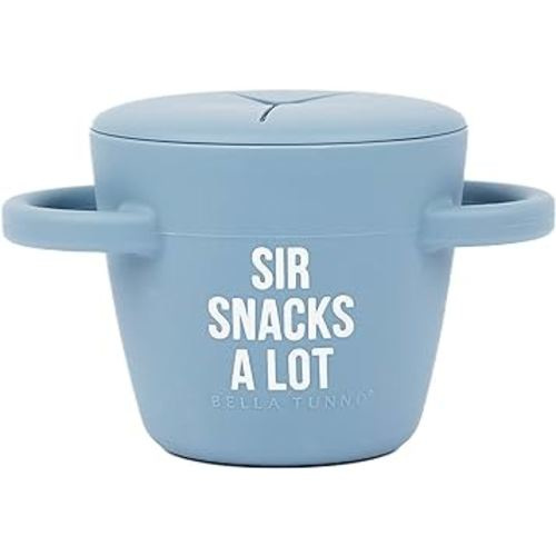 BELLA TUNNO Happy Snacker – Spill Proof Snack Cups for Toddlers and Babies, Snack Containers Made from Silicone BPA Free, Soft Opening & Removable Lid (Sir Snacks A lot)