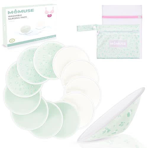Organic Reusable Nursing Pads 12 Pack,Soft 4 Layers Fabric & Super Absorbent Breathable Breast Pad,Portable Washable Nursing Pads for Breastfeeding Essentials,Waterproof Bag + Wash Bag