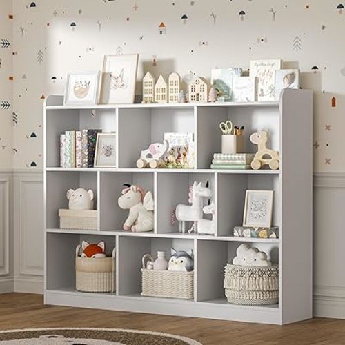 White Bookshelf, Wood Bookcase with 3 Tier Open Shelves, 10-Cube Minimalist Storage Shelf for Living Room, Bedroom, 43.3" W x 35.4" H