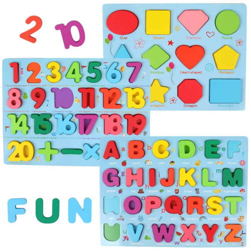 Wooden Montessori ABC Learning Puzzles for Preschoolers 1-3 Years Old, 3 Pcs Set (Alphabet, Number, Shape)