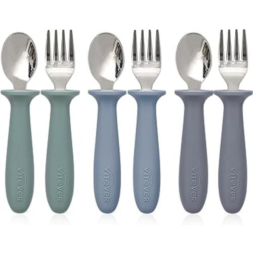 6 Pieces Toddler Utensils, Kids Safe Spoons and Forks, Children Silverware Set with Silicone Handle, 18/8 Stainless Steel, Food-grade Silicone,BPA Free - Dishwasher Safe