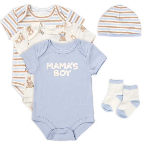Baby Essentials Baby Boy 5 Piece Bodysuit Set, Cotton Blend Rompers with Matching Hat and Socks, Baby Outfit Gift, (6 months,Mama's Boy Blue Multi)