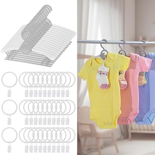 Hsei Baby Nursery Closet Hangers, 30 Pcs Non-Slip and Extendable Laundry Infant Pant Hanger with 30 Pcs Metal Ring Clips for Newborn Clothes Coat, 10"-13" Adjustable for Girl Boy Toddler Kids, Grey