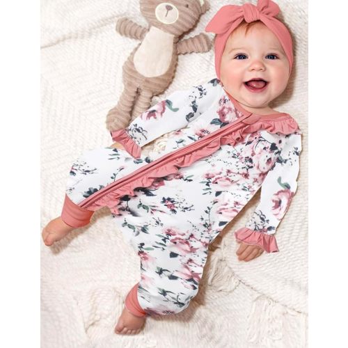 Infant Newborn Baby Girl Clothes Onesies for Baby Girl Long Sleeve Ruffle Baby Clothes with Headband Baby Clothes for Girls
