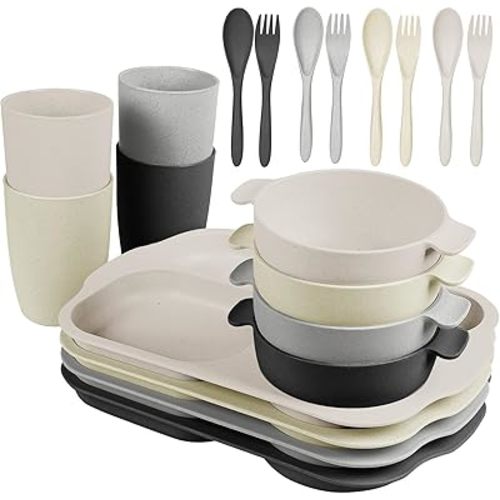 shopwithgreen Kids Toddlers Plates and Bowls Sets, 20 PCS Wheat Straw Dinnerware Cutlery Set, Unbreakable Tableware Divided Plate Spoon Knife Cup, Reusable Utensils Set for Kitchen Picnic School
