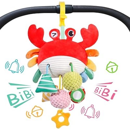 Car Seat & Stroller Toys for Babies 0-6 Months, Crab Baby Car Seat Toys for Boys Girls, Infant Newborn Stroller Toys with Beep, Mirror, Small Bell, Baby Teether, and Soft Ball for Ages 0 Months and Up