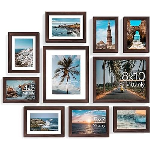 Vittanly 10 Pack Picture Frames Collage Wall Decor, Gallery Frame Set for Wall Mounting or Tabletop Display, Multi Sizes Including 2pcs 8x10, 4pcs 5x7, 4pcs 4x6, Light Brown