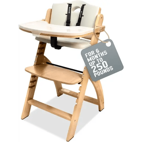 Abiie Beyond Junior Wooden High Chair with Tray - Convertible Baby Highchair - Adjustable High Chair for Babies/Toddlers/6 Months up to 250 Lb - Stain & Water Resistant Natural Wood/Dove Grey Cushion