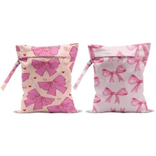 2Pcs Pink Bow Wet Bags 12x10 Inch, Heart Waterproof Travel Laundry Bags, Washable Reusable Wet Dry Bag for Swimsuit Pool Beach Diapers Dirty Yoga Gym Clothes, Pink Gifts for Women Friend Travelers
