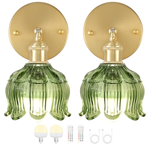 FFVU Vintage Battery Wall Sconce with Flower lampshade,Rechargeable Battery Powered Wall Lights,Wall lamp with 15 Colors for Bedroom Living Room Home Decor (Flower Green, 2 Light Battery Operated)