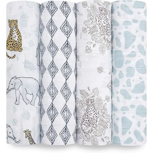 aden + anais Swaddle Blanket, Boutique Muslin Blankets for Girls & Boys, Baby Receiving Swaddles, Ideal Newborn & Infant Swaddling Set, Perfect Shower Gifts, 4 Pack, Jungle Toile